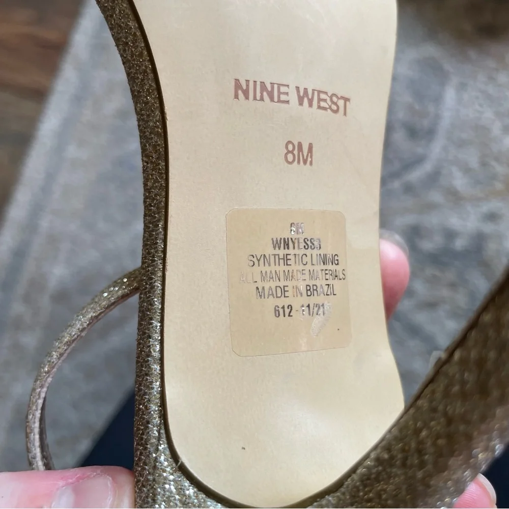 Vintage Nine West Gold Glitter Square Toe Ankle Strap Nudist Prom Wedding Heel 8